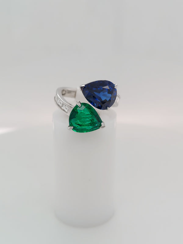 Pear Shape Green Emerald & Pear Shape Blue Sapphire Diamond Ring