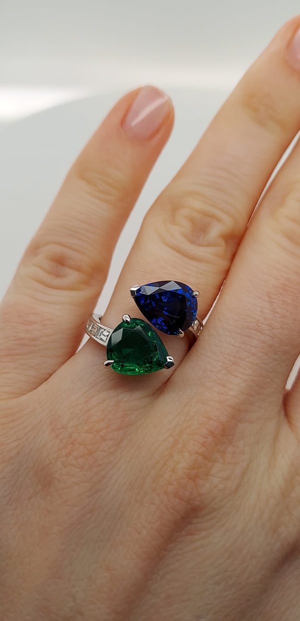 Pear Shape Green Emerald & Pear Shape Blue Sapphire Diamond Ring