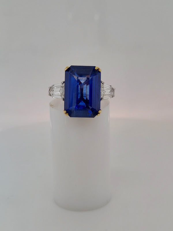 11.28 Carat Emerald Cut Sapphire & Diamond Ring