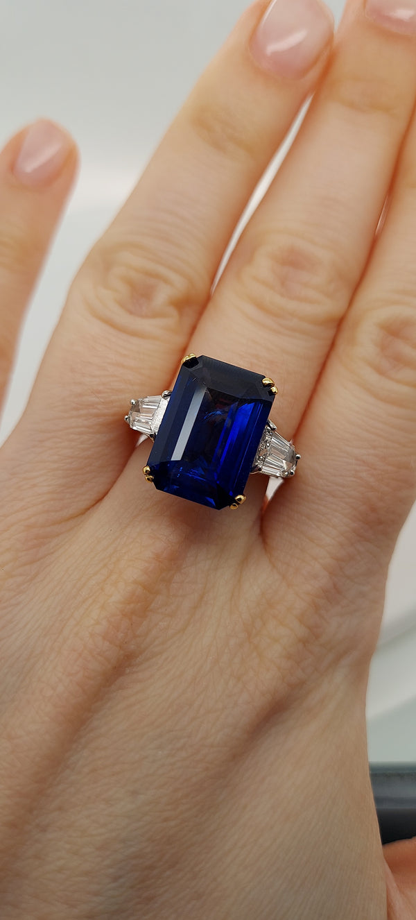 11.28 Carat Emerald Cut Sapphire & Diamond Ring