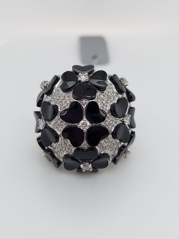 Black Onyx & Diamonds Flower Ring