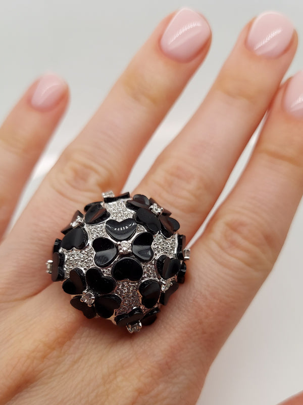 Black Onyx & Diamonds Flower Ring