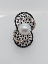 Black Diamonds & Pearl Fashion Flower Ring