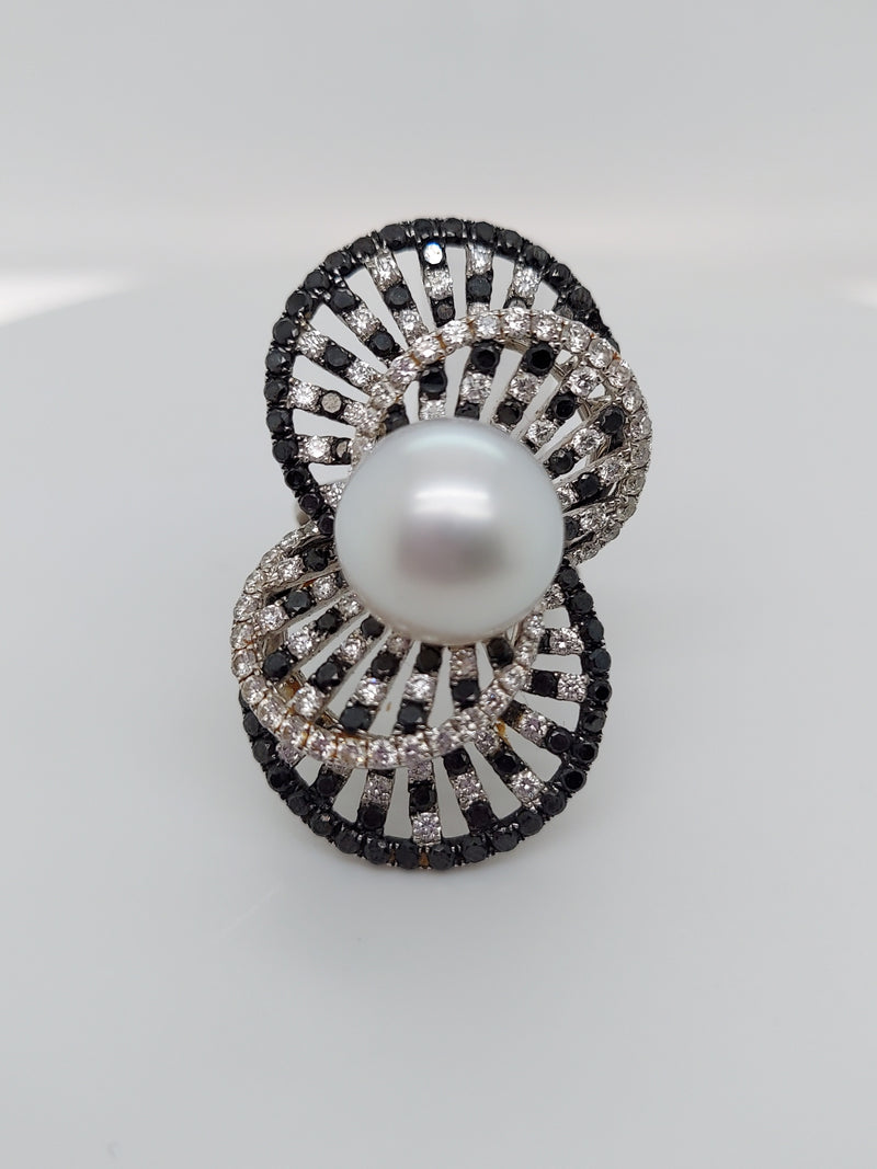 Black Diamonds & Pearl Fashion Flower Ring