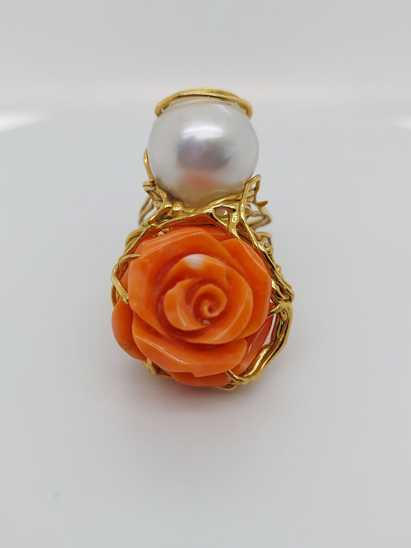 Coral & Pearl Art Deco Ring