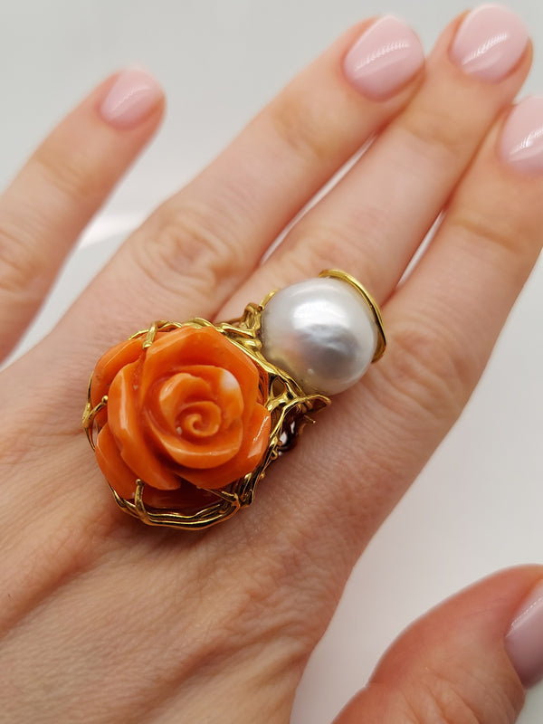 Coral & Pearl Art Deco Ring