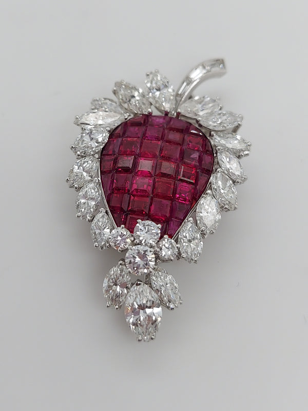 Red Ruby & Diamonds Leaf Brooch