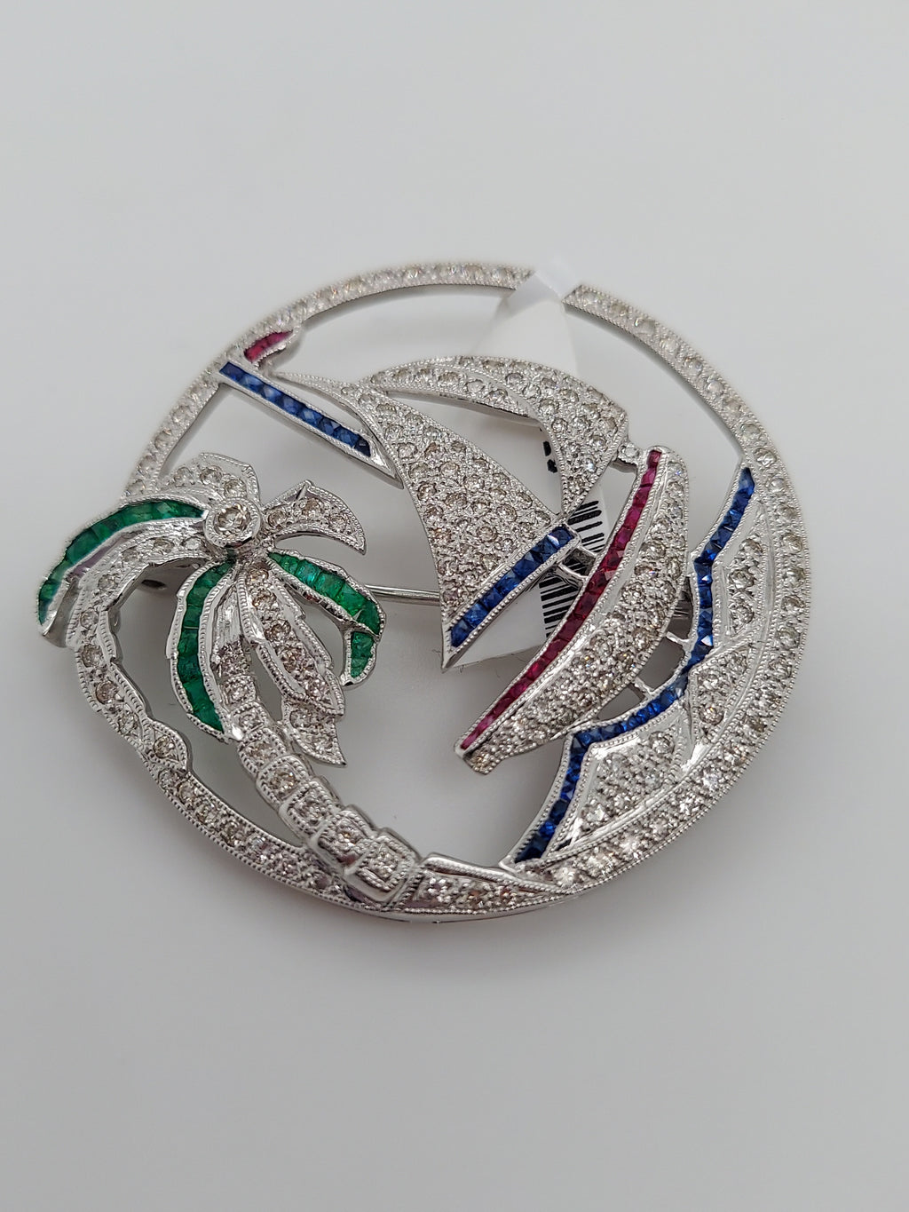 Diamond and Multi Gem Sail Boat Brooch