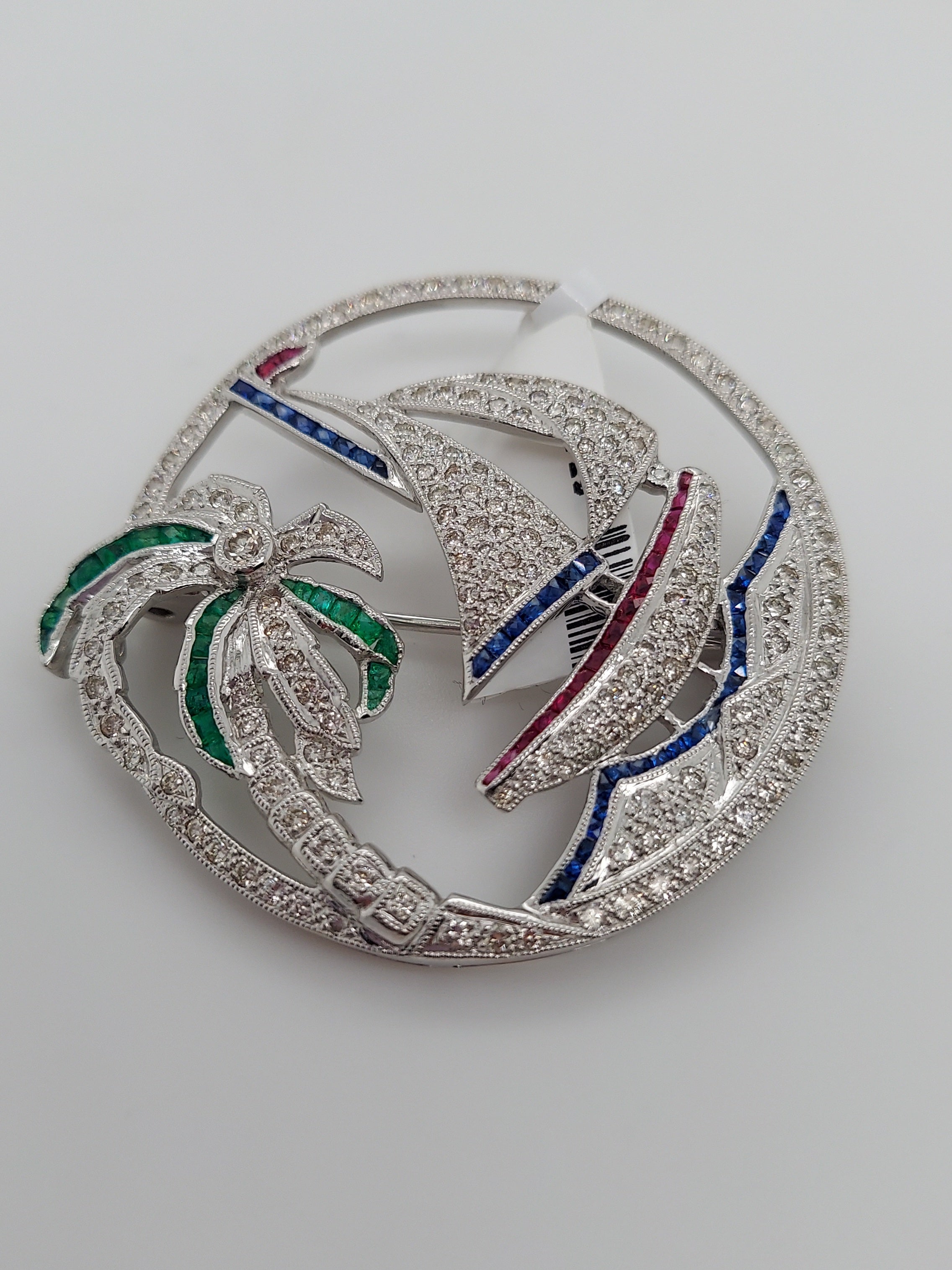Diamond and Multi Gem Sail Boat Brooch