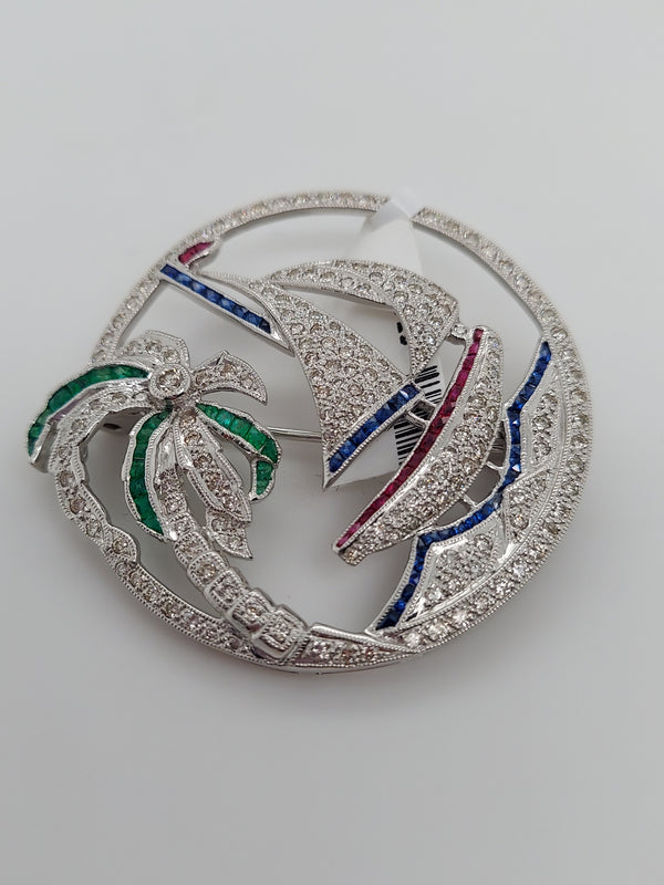 Diamond and Multi Gem Sail Boat Brooch