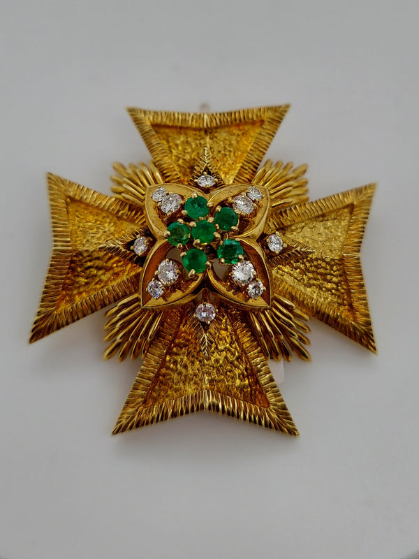 Van Cleef & Arpels Green Emerald & Diamonds Maltese Cross Brooch