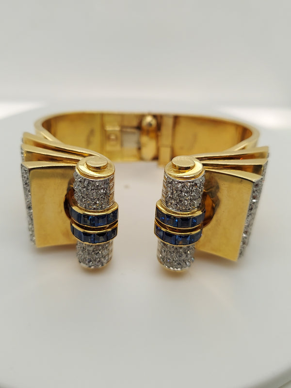 Art Deco Diamonds & Blue Sapphire Bangle Bracelet