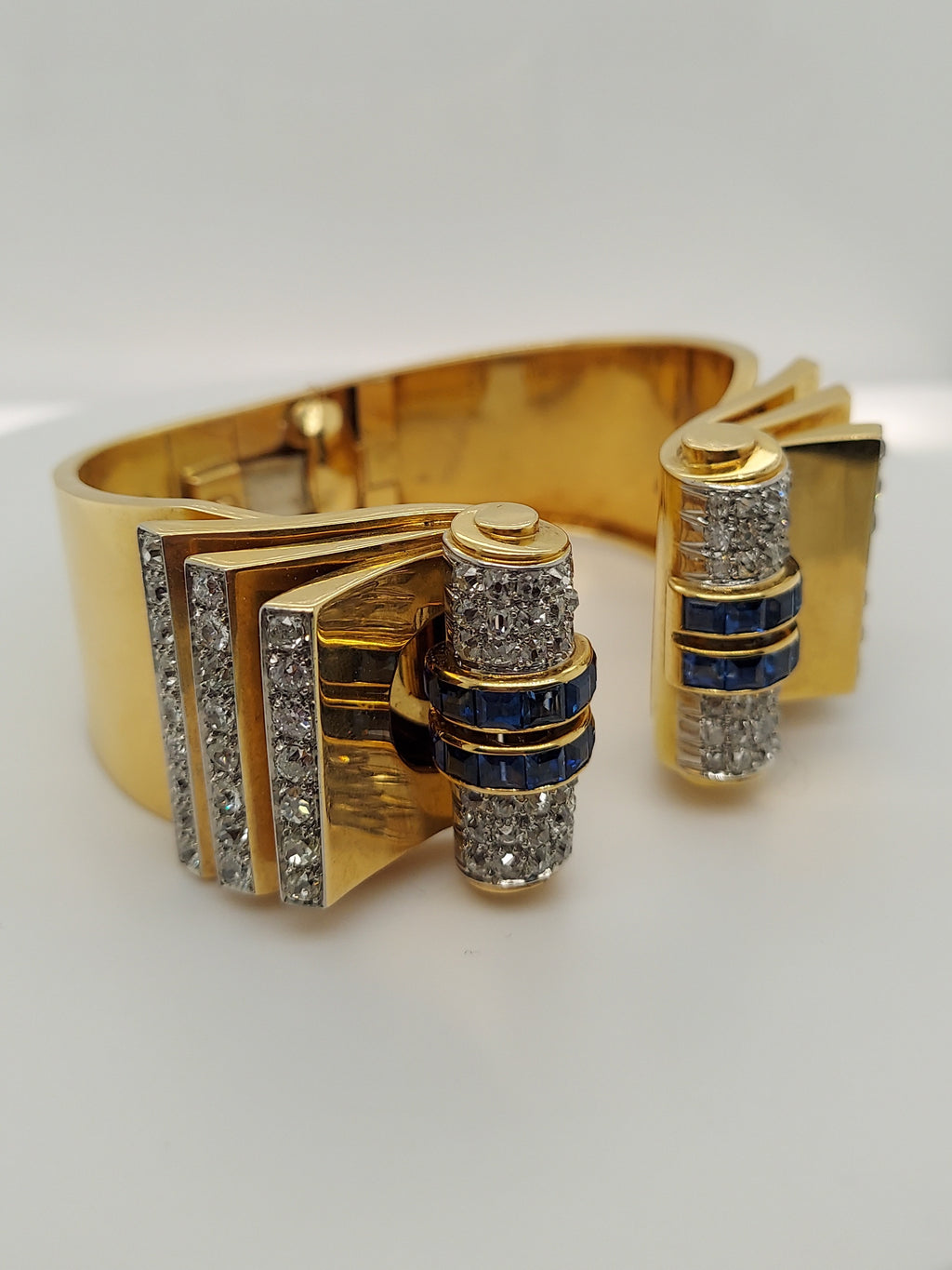 Art Deco Diamonds & Blue Sapphire Bangle Bracelet