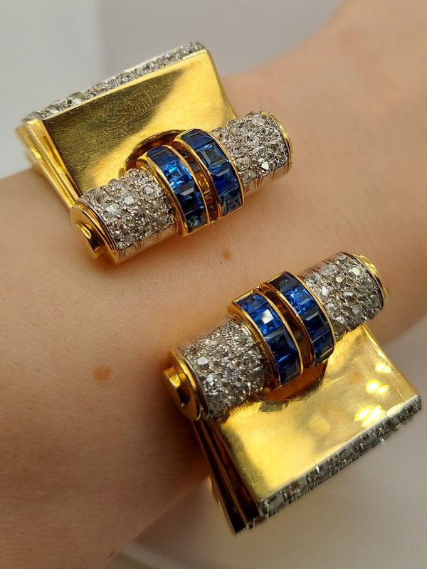 Art Deco Diamonds & Blue Sapphire Bangle Bracelet