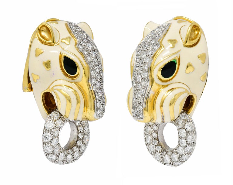 David Webb Enamel 4.90 Carats Diamond 18 Karat Gold Doorknocker Lion Earrings