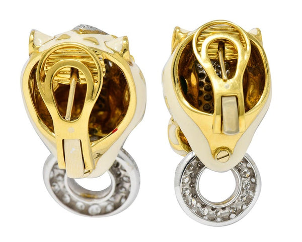 David Webb Enamel 4.90 Carats Diamond 18 Karat Gold Doorknocker Lion Earrings