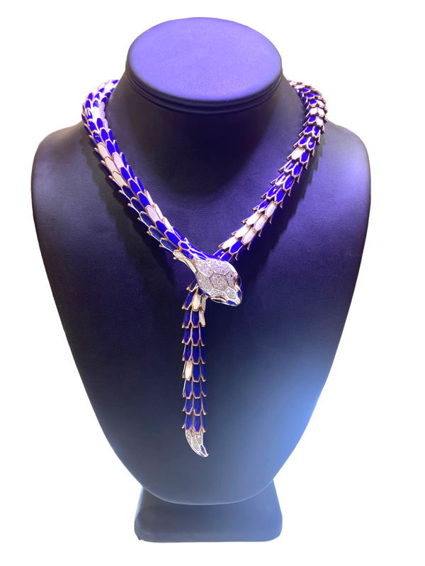 Blue Enamel Diamond Snake Necklace