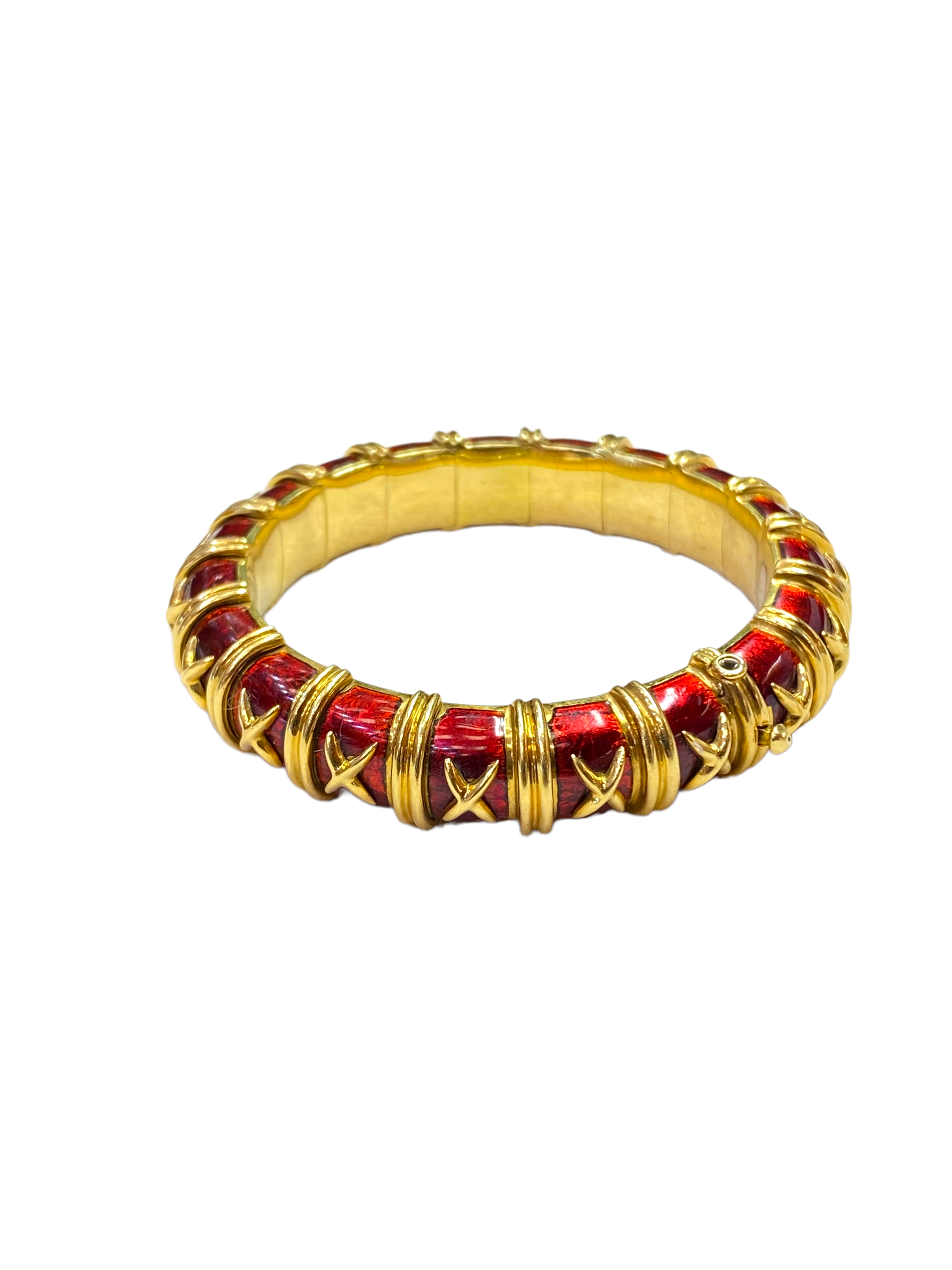 Tiffany Schlumberger Croisillon Red Enamel Yellow Gold Bangle Bracelet For Small Wrist