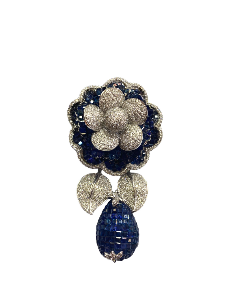 Large Sapphire and Diamond Flower Brooch