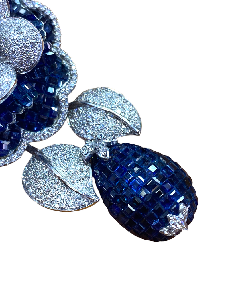 Large Sapphire and Diamond Flower Brooch