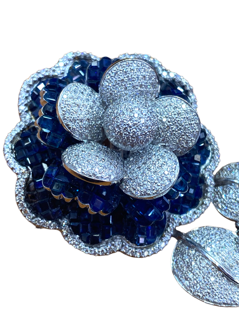 Large Sapphire and Diamond Flower Brooch