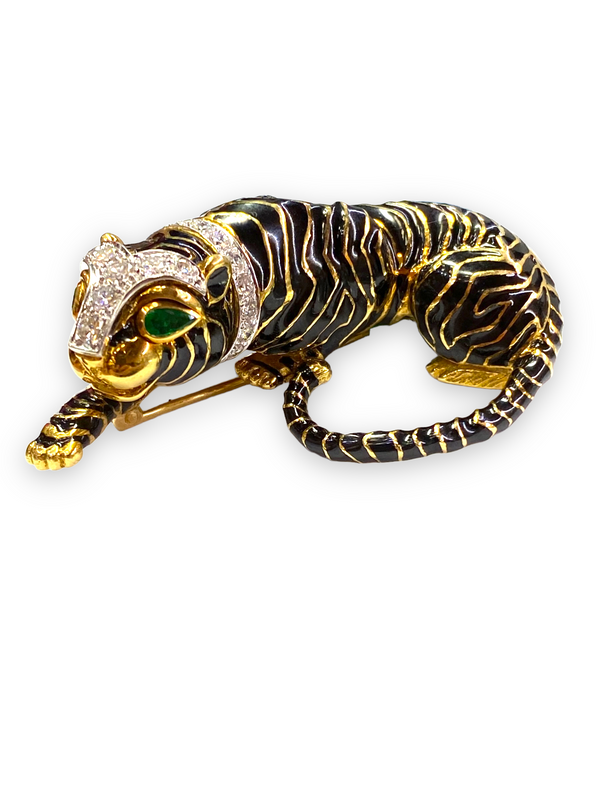 David Webb Diamond and Emerald Enamel Tiger Brooch