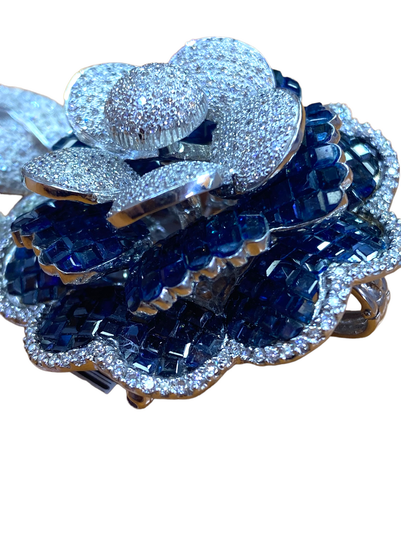 Large Sapphire and Diamond Flower Brooch