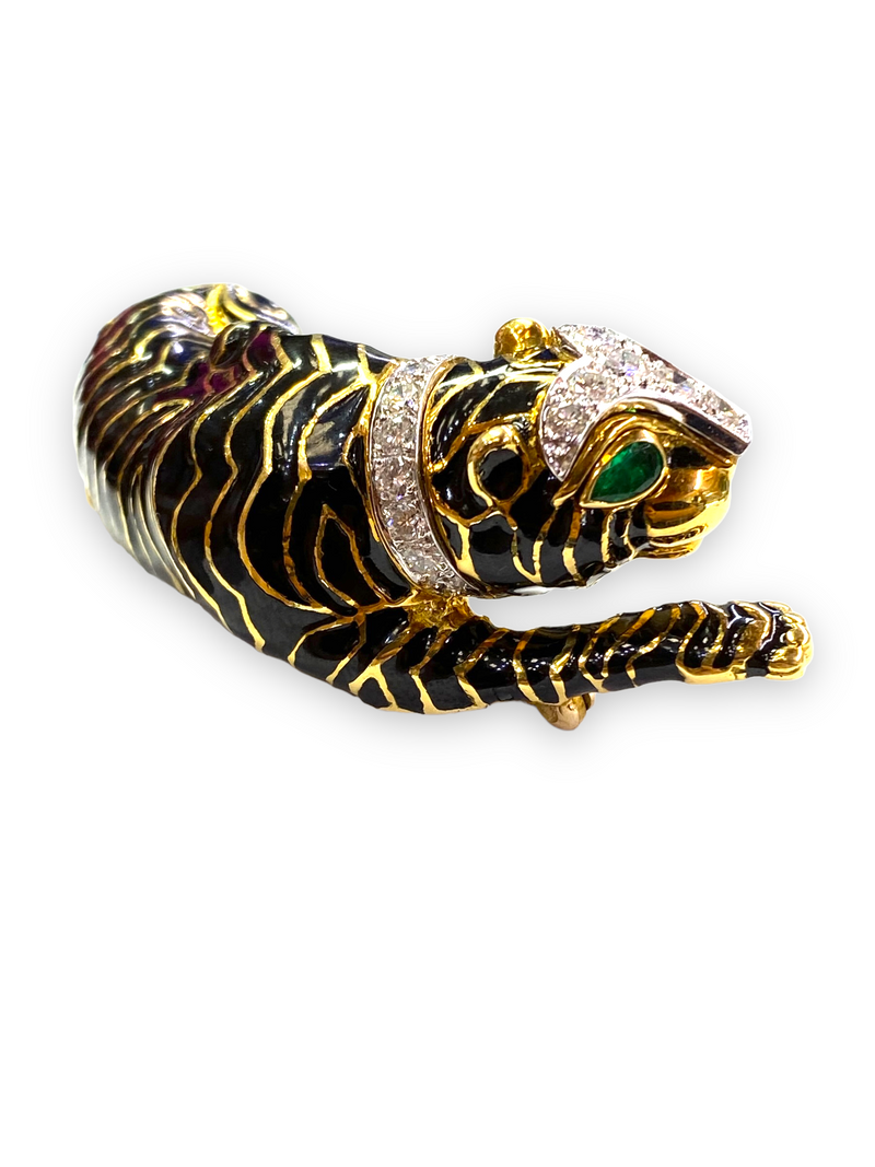 David Webb Diamond and Emerald Enamel Tiger Brooch