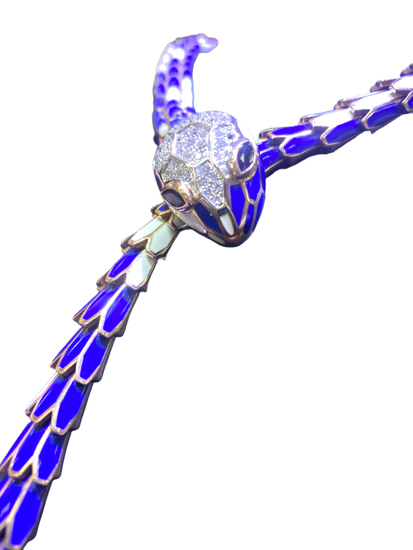 Blue Enamel Diamond Snake Necklace