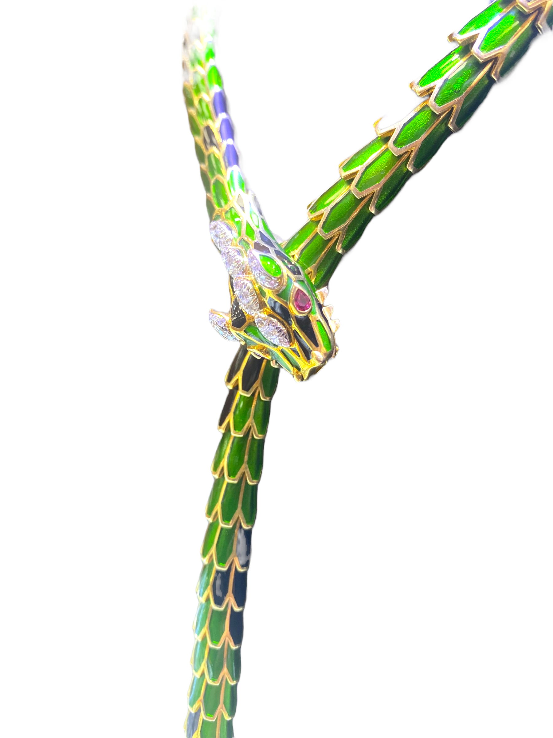 Green Enamel Diamond And Ruby Snake Necklace