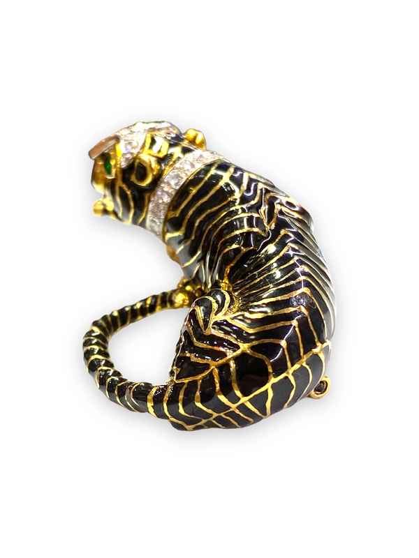 David Webb Diamond and Emerald Enamel Tiger Brooch