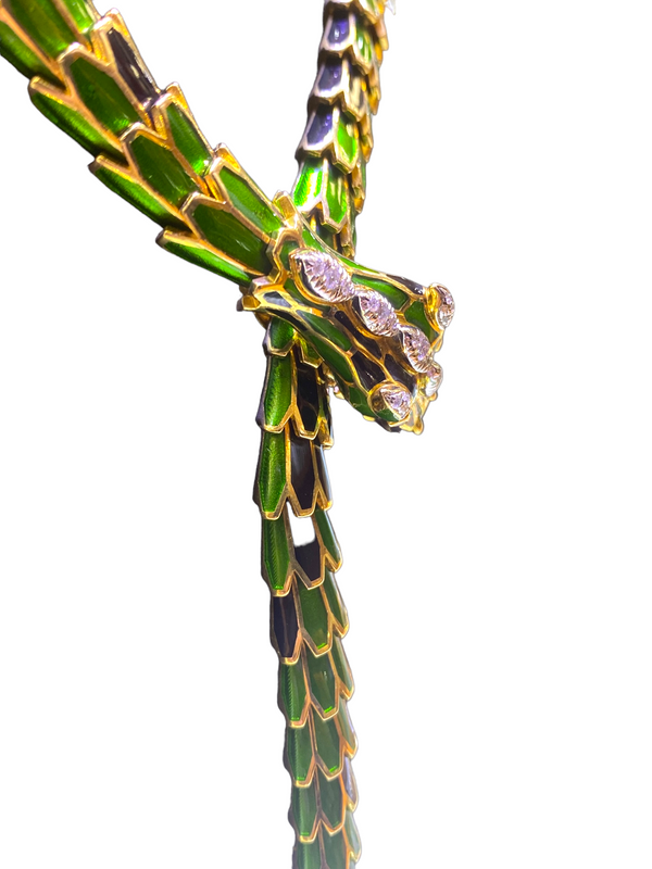 Green Enamel Diamond And Ruby Snake Necklace