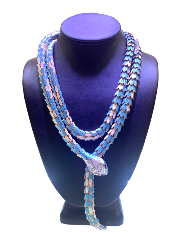 Turquoise Enamel Diamond and Rose Gold Snake Necklace