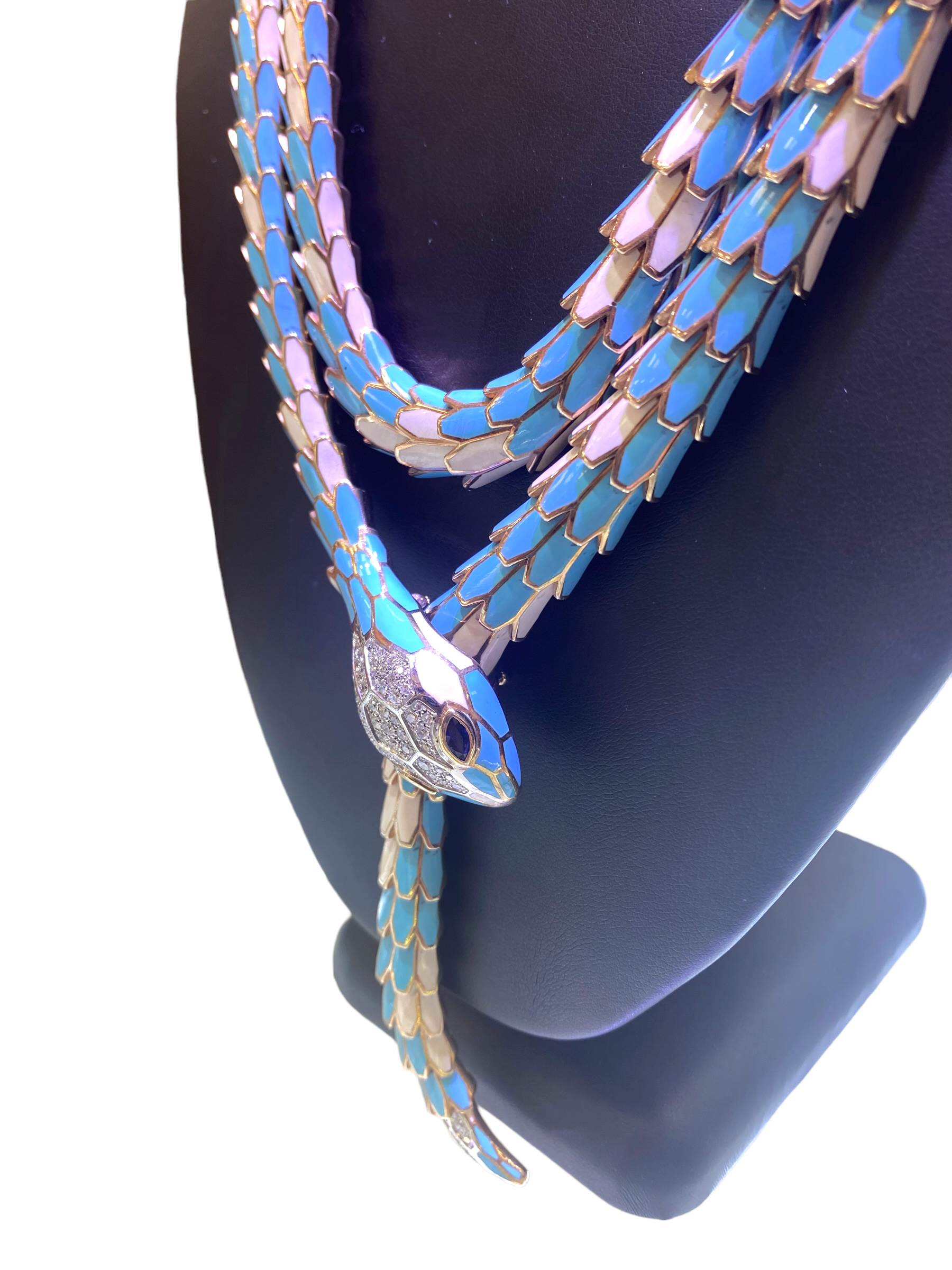 Turquoise Enamel Diamond and Rose Gold Snake Necklace