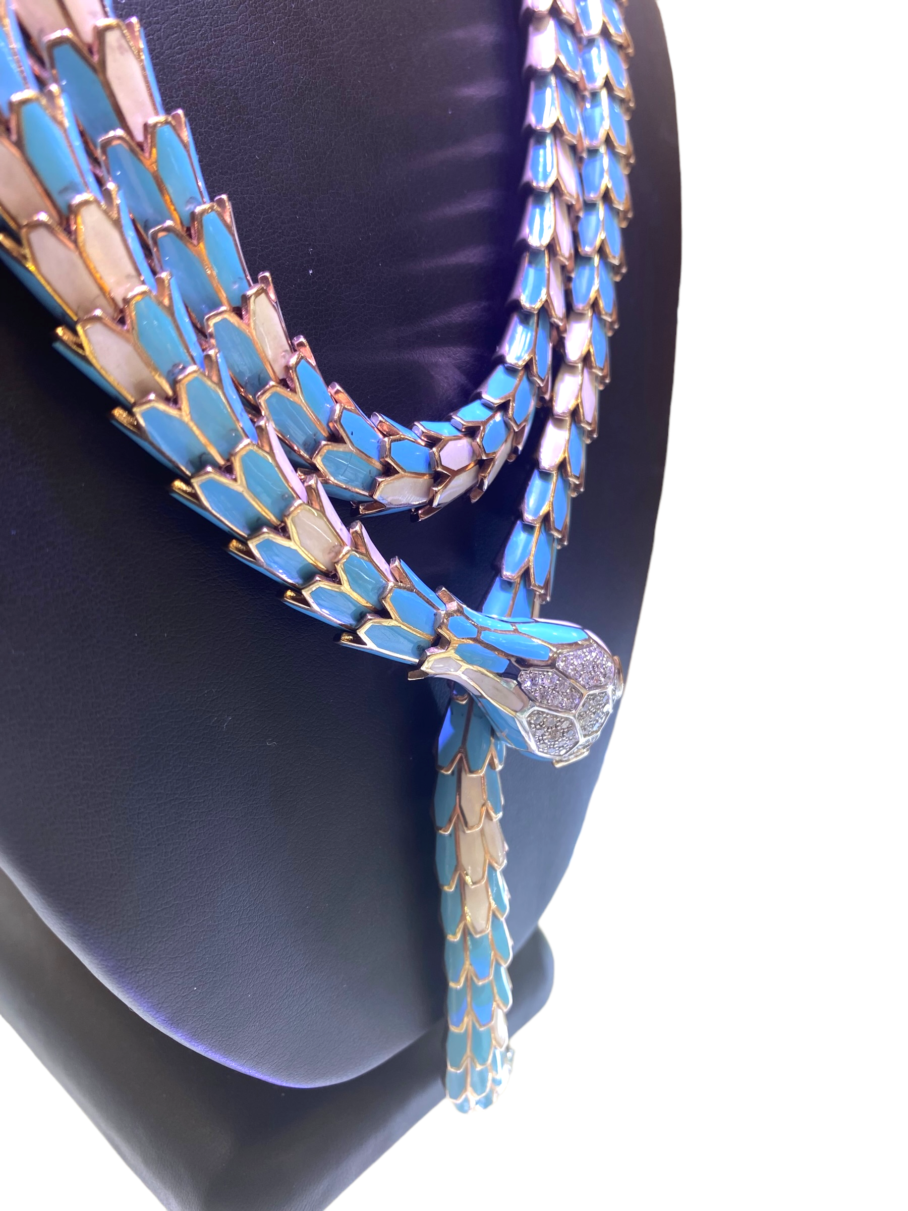 Turquoise Enamel Diamond and Rose Gold Snake Necklace