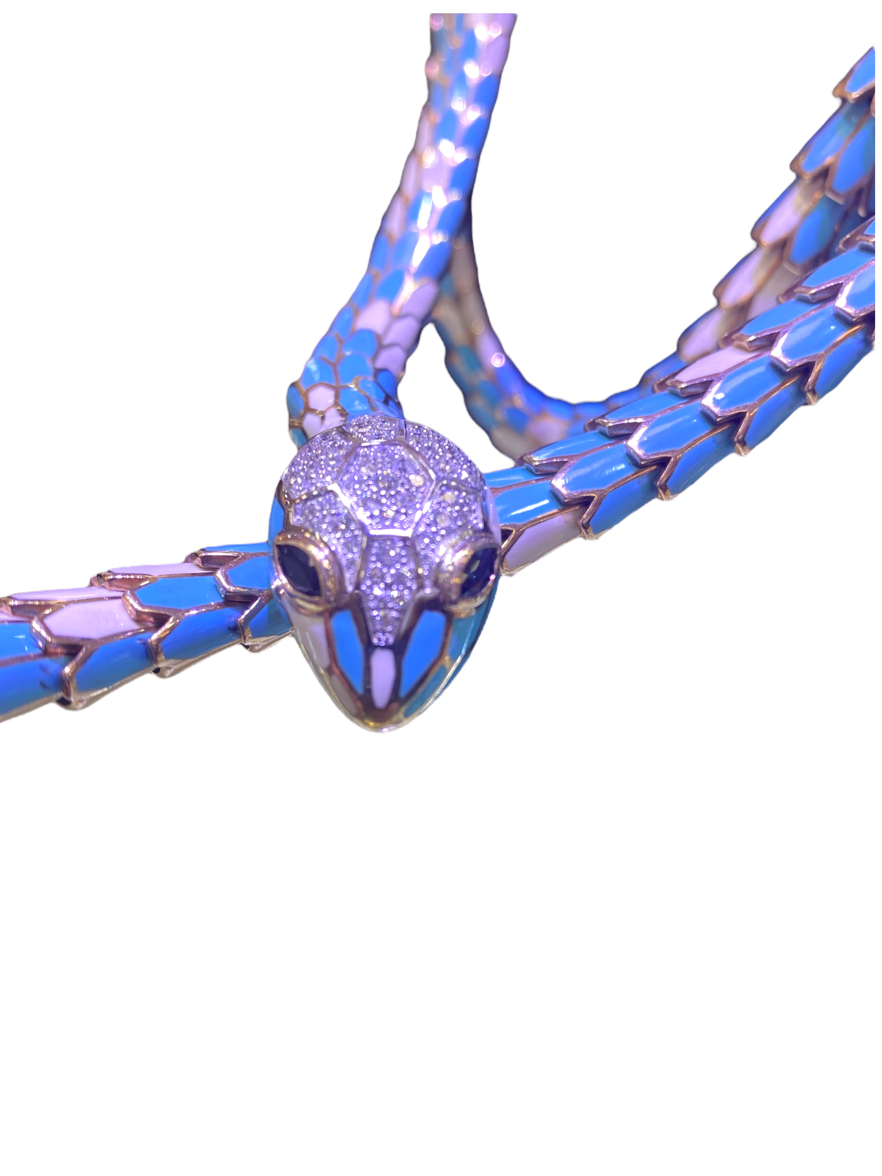 Turquoise Enamel Diamond and Rose Gold Snake Necklace