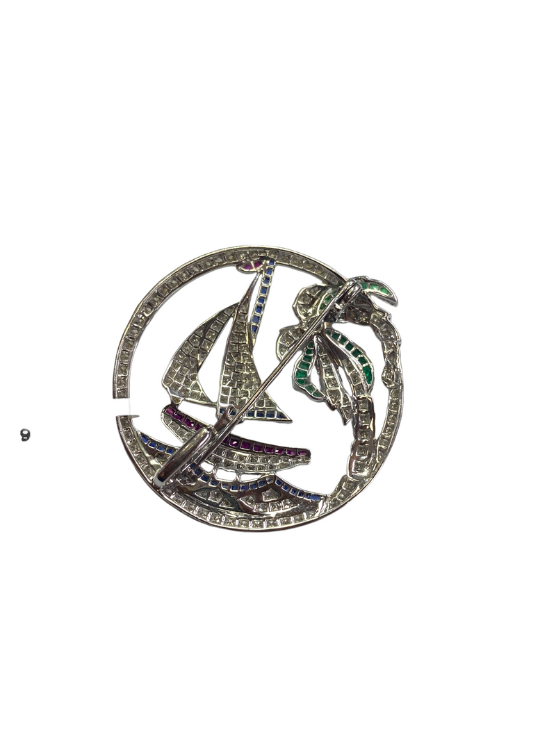 Diamond and Multi Gem Sail Boat Brooch