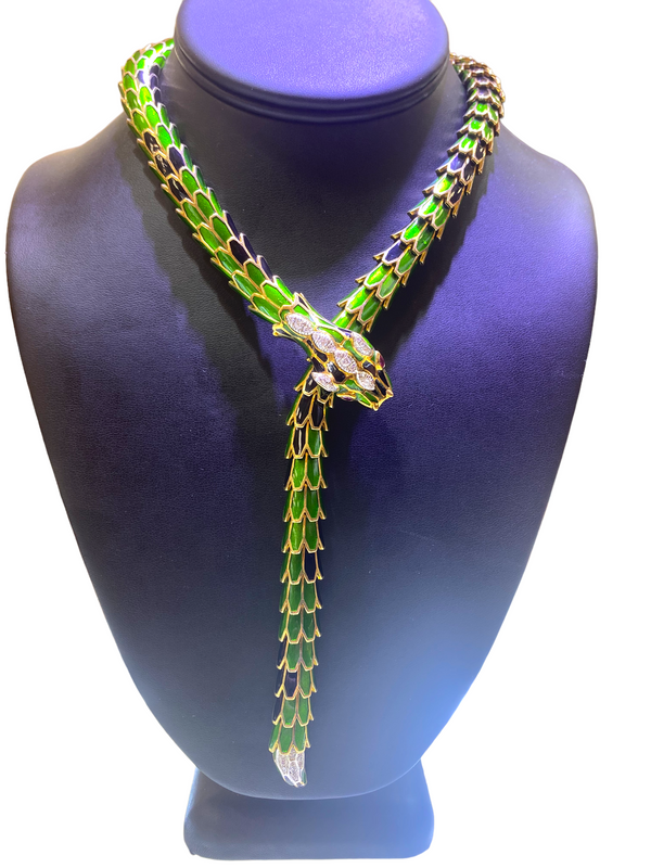 Green Enamel Diamond And Ruby Snake Necklace