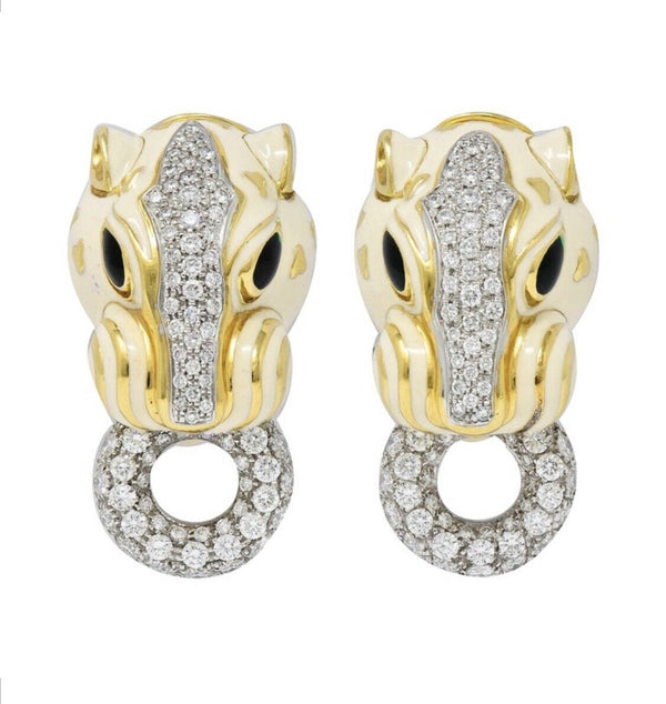 David Webb Enamel 4.90 Carats Diamond 18 Karat Gold Doorknocker Lion Earrings